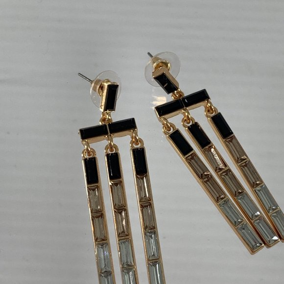 A New Day Earrings Nickle Free Dangle Gold Tone Black Enamel Rhinestones - Picture 4 of 6